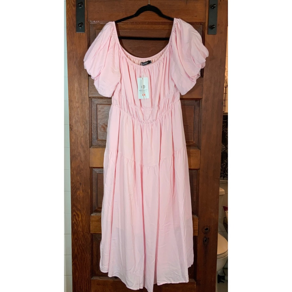 Merokeety Pink Puff Sleeve Tiered Midi Dress Smocked Waist Cottagecore XL NWT